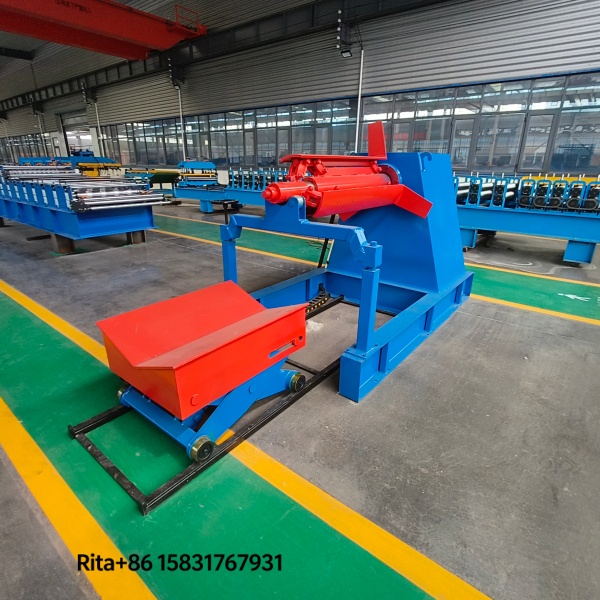 Machine main body of hydraulic decoiler with motorized trolley, showing heavy-duty steel frame structure and industrial-grade hydraulic expansion mandrel for roll forming machine