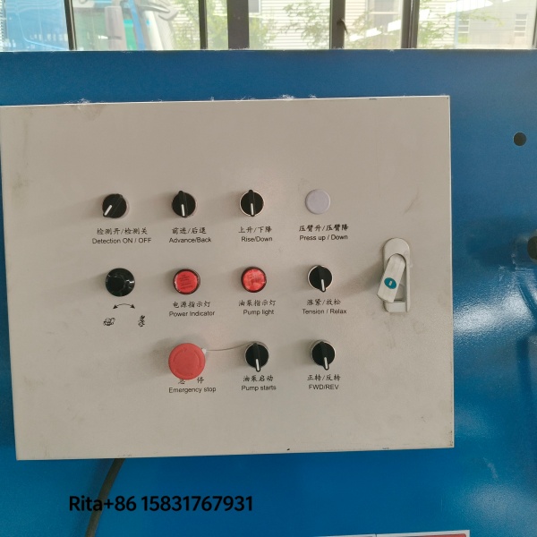 Electrical control cabinet of hydraulic decoiler featuring PLC system, touchscreen HMI interface, and branded electrical components from Siemens and Schneider for reliable automated control