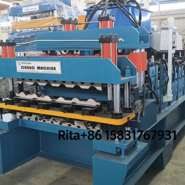 Real photo of double deck roll forming machine in factory setting