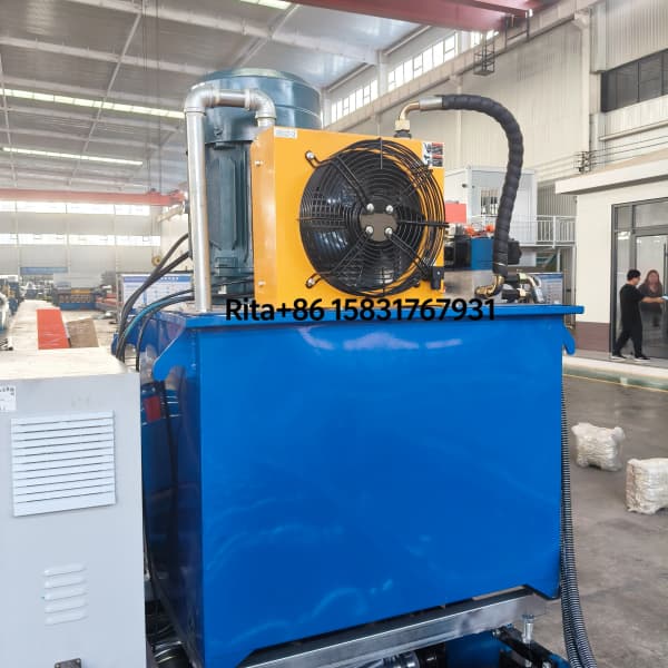 Robust hydraulic pump station with oil cooling system and pressure gauges for reliable cutting power