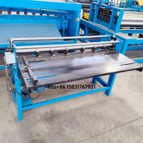 Slitting machine right side view displaying blade assembly and strip output section