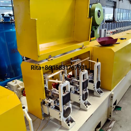 Close-up detail view of PU roller shutter door machine roll forming stations and precision rollers