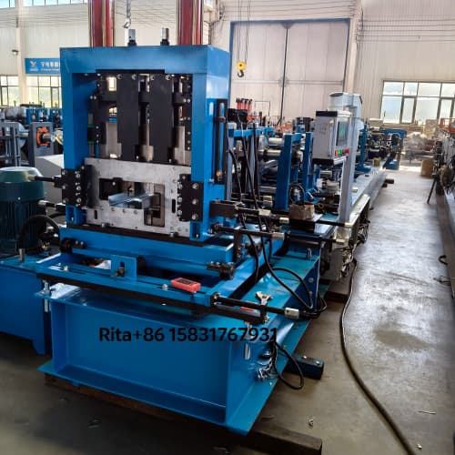 Rear view of the CZ purlin cold roll forming machine showing the output and cutting section