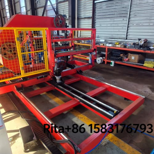 Left view of automatic sandwich panel band saw cutting machine showing frame and guide structure